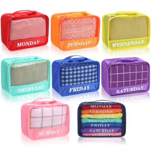 Yeyeplum Days of Week Packing Cubes Summer Camp Essentials Weekly Organizer Storage Bag School Clothes for Travel Kids Family(9x7x3inch,rainbow,8)