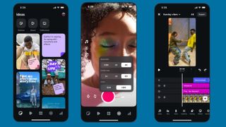 Three screenshots from the Instagram Edits app show the ideas, camera, and timeline screens