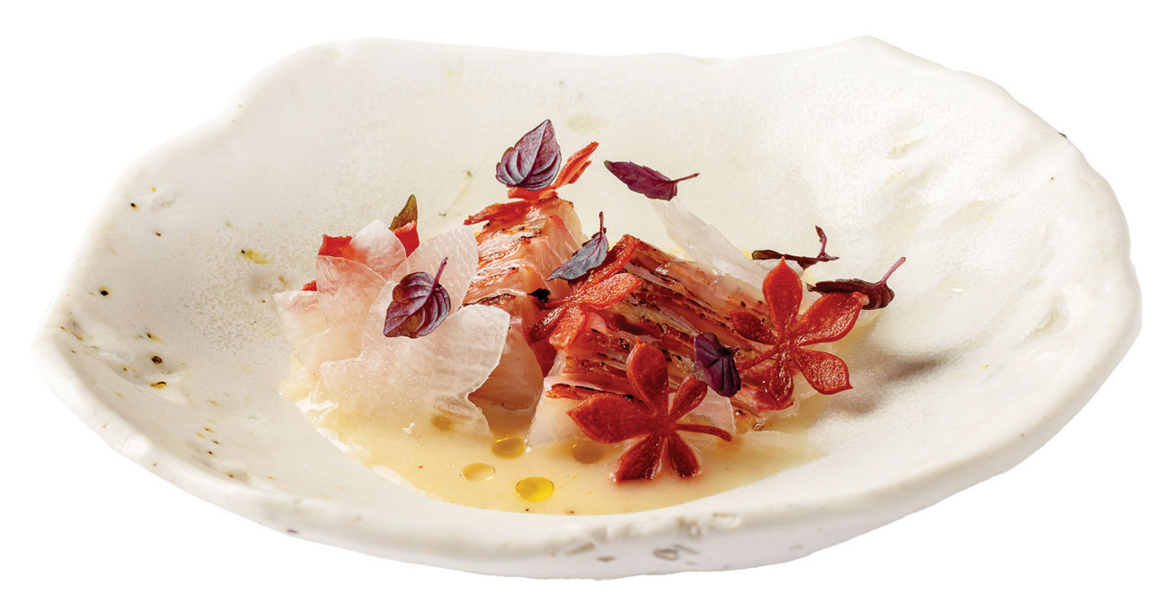 Red mullet, Piedmont hazelnuts, rhubarb and argan oil at H&amp;eacute;l&amp;egrave;ne Darroze