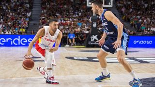 Jaime Fernández (L) and Lefteris Bochorides (R) during Spain vs Greece friendship game to prepare for the European Men's Basketball Championship