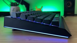 Side view of Razer BlackWidow V4 Pro 75% gaming keyboard with close up on side light strip