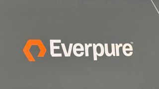 Close-up image of the Everpure logo and branding on a screen at Pure Accelerate 2026 in Las Vegas, Nevada.