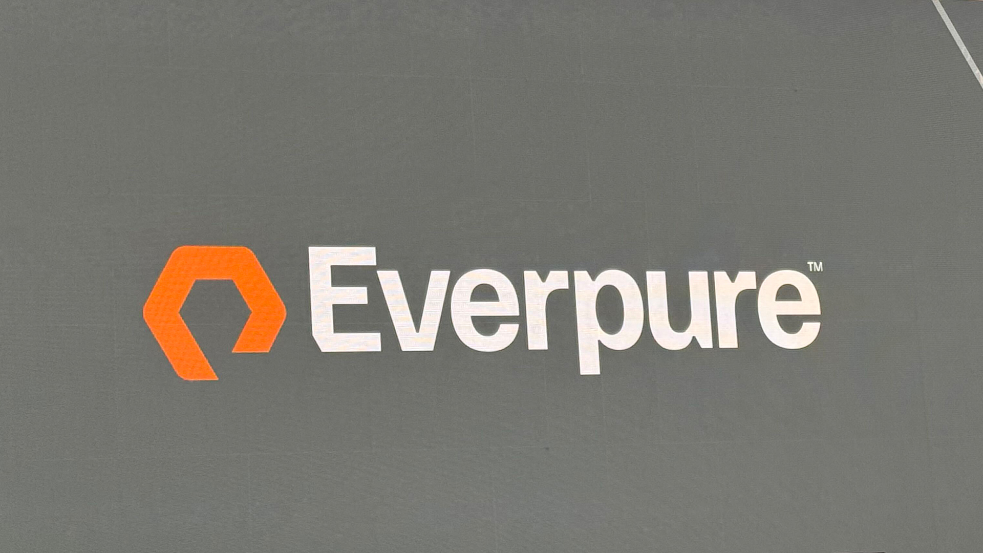 Close-up image of the Everpure logo and branding on a screen at Pure Accelerate 2026 in Las Vegas, Nevada.