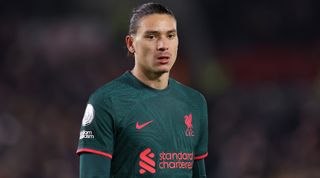 Darwin Nunez of Liverpool looks on during the Premier League match between Brentford and Liverpool on 2 January, 2023 at the Gtech Community Stadium in London, United Kingdom.