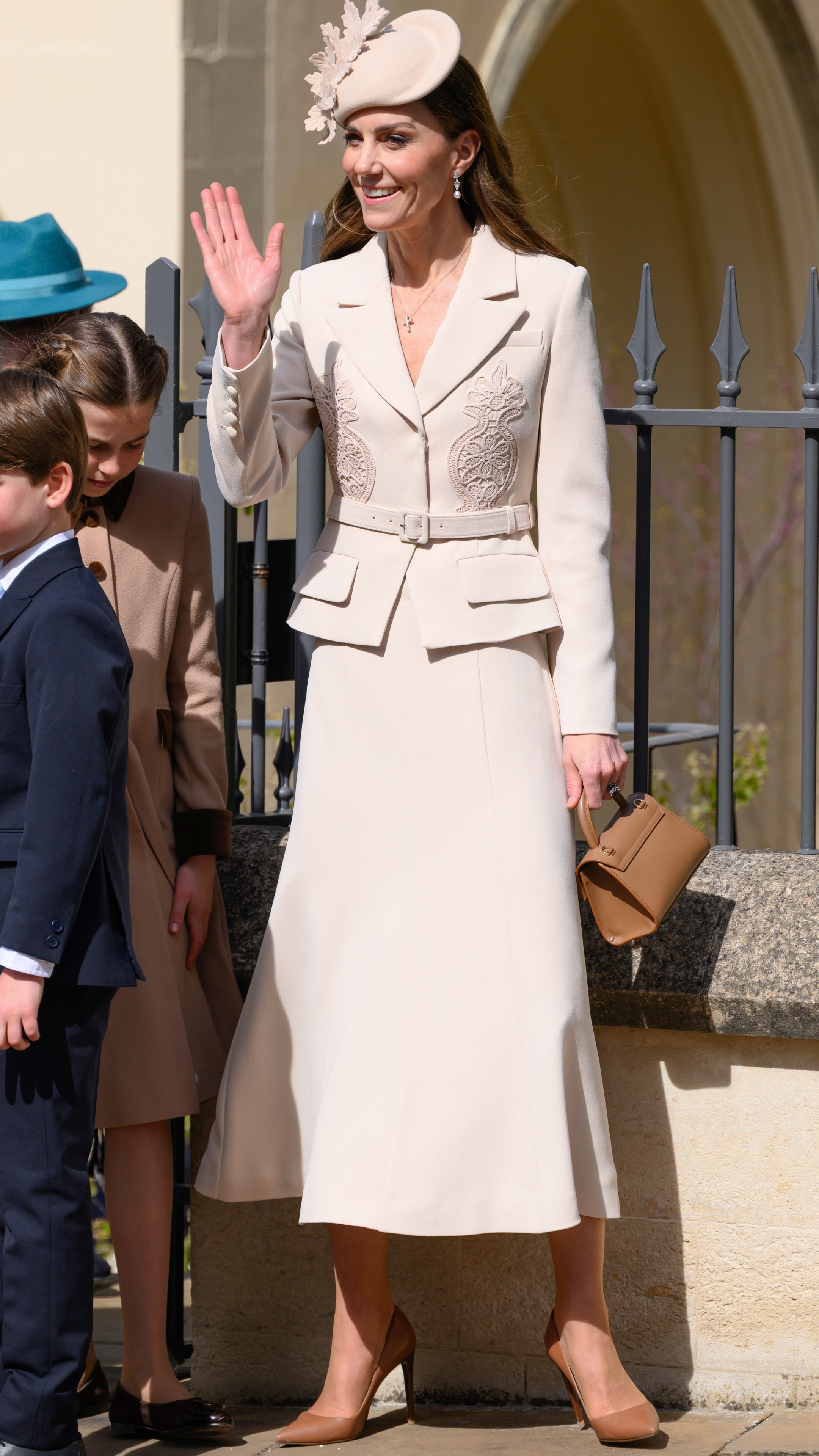 Catherine, Princess of Wales waves as she departs after attending the 2026 Easter Matins Service at St George's Chapel