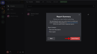 A screenshot of the Discord web app showing the Report Summary and a red arrow pointing at Submit Report. 