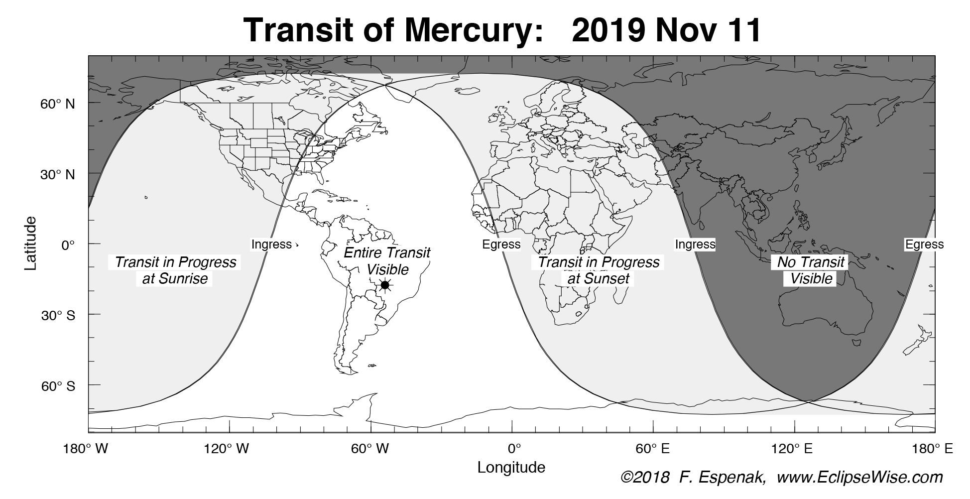 A visibility map for the Mercury transit on Nov. 11, 2019.