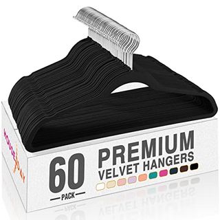 Black velvet hangers with silver metal hooks in a box of 60 with color options in square blocks including pink, orange, purple, brown and white