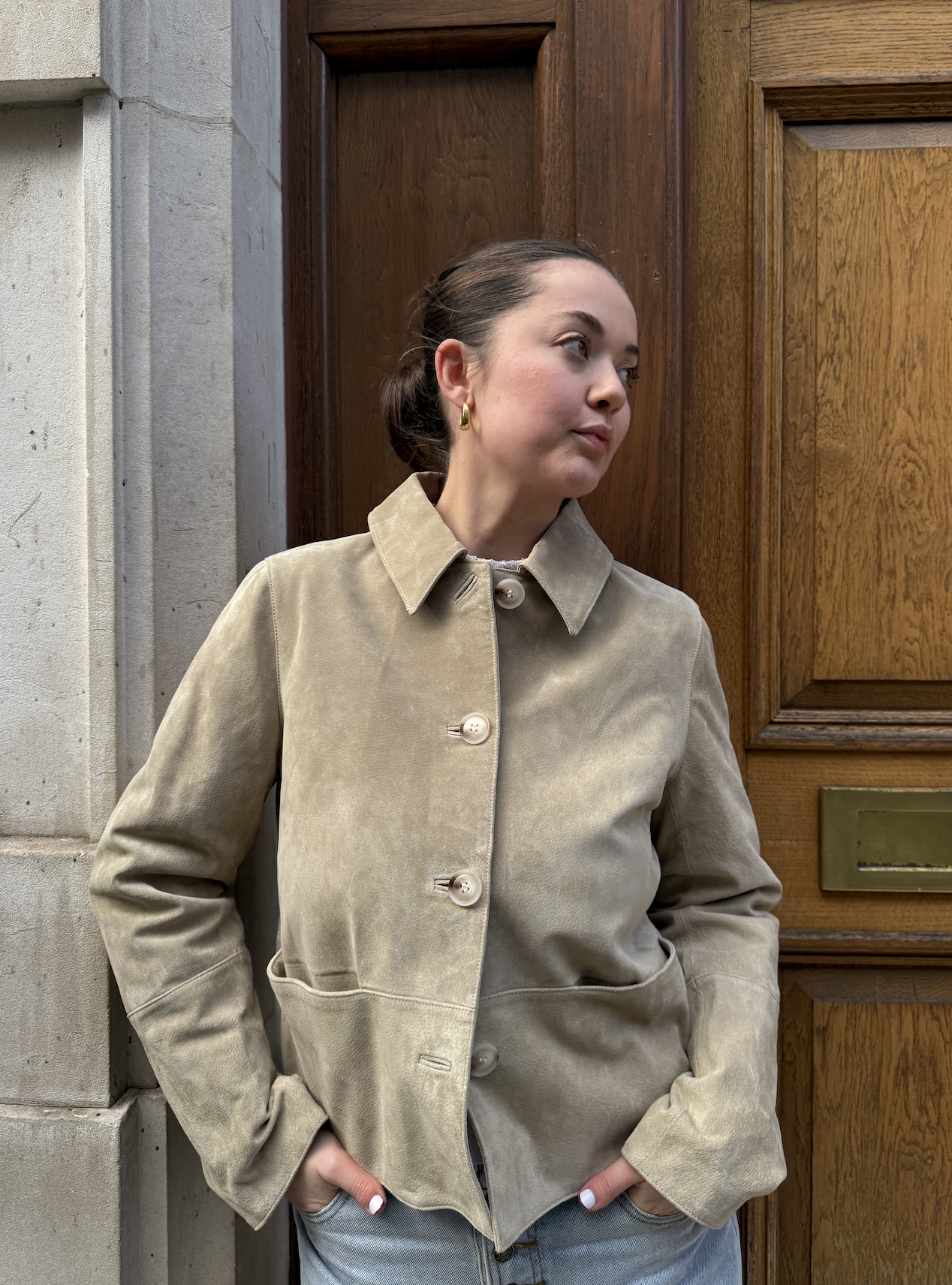 Tash wearing the Rise &amp; Fall suede jacket in sand.