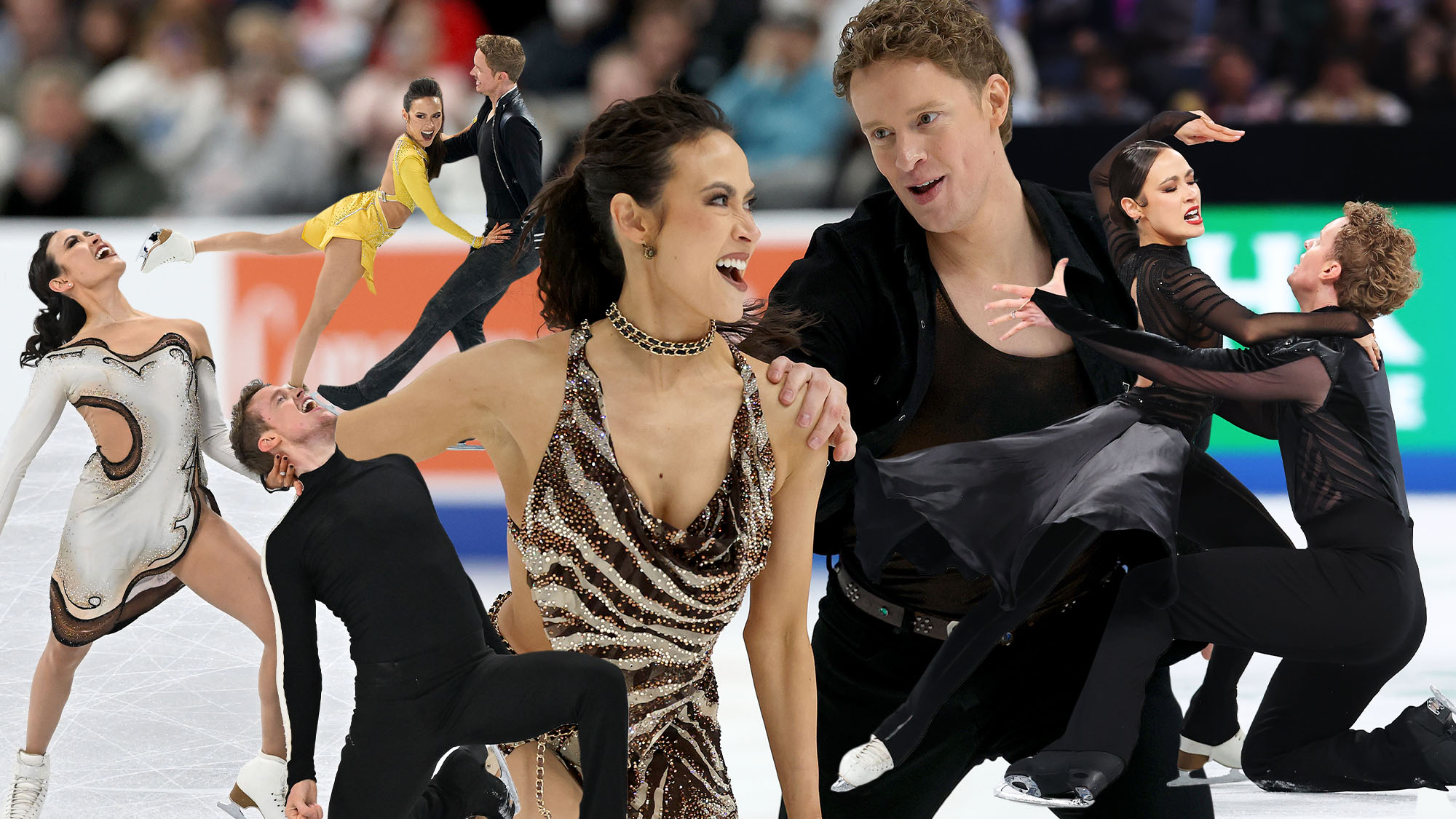 A collage of photos of Evan Bates and Madison Chock's ice dance costumes in the 2024, 2025, and 2026 figure skating seasons.