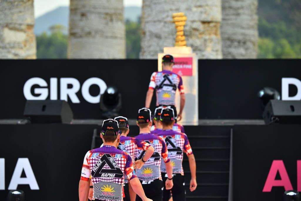 PALERMO ITALY OCTOBER 01 Sean Bennett of The United States and Team EF Pro Cycling EF Pro Cycling special Rapha x Palace Skateboards during the 103rd Giro dItalia 2020 Team Presentation in Archaeological Park of Segesta in Palermo City Temple of Segesta girodiitalia Giro on October 01 2020 in Palermo Italy Photo by Stuart FranklinGetty Images