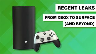 Green background with square designs, images of the leaked Xbox Series X and Xbox Wireless Controller mid-gen refreshes, and text that reads "Recent leaks" and "From Xbox to Surface (and beyond)."