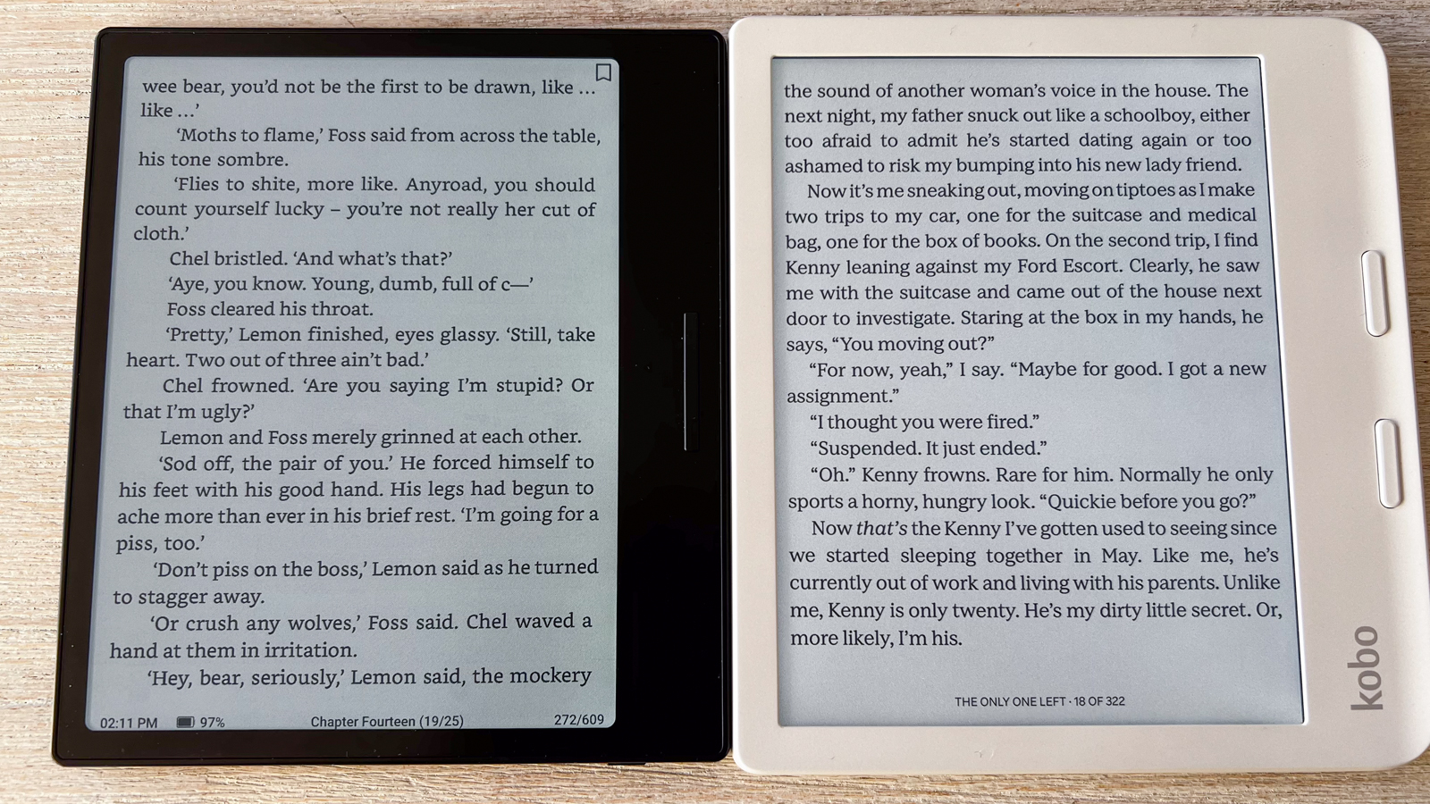 A page of an ebook displayed on the Onyx Boox Go Color 7 (left) and the Kobo Libra Colour (right)