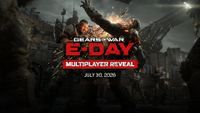 A soldier in heavy armor fights a creature in a dark, industrial setting with the Gears of War E-Day Multiplayer Reveal text and July 30, 2026 date.