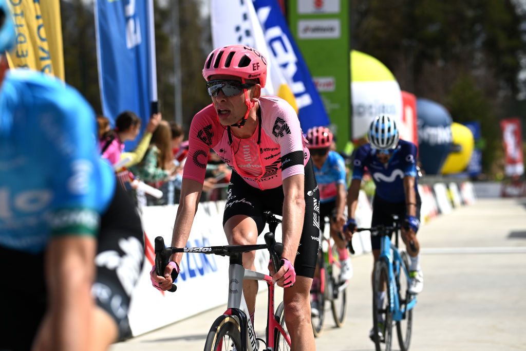 RITTEN ITALY APRIL 18 Hugh Carthy of United Kingdom and Team EF EducationEasypost crosses the finish line during the 46th Tour of the Alps 2023 Stage 2 a 1652km stage from Reith im Alpbachtal to Ritten 1174m on April 18 2023 in Reith im Alpbachtal Italy Photo by Tim de WaeleGetty Images