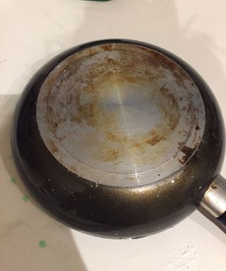 frying pan after unsuccessful tiktok cleaning hack