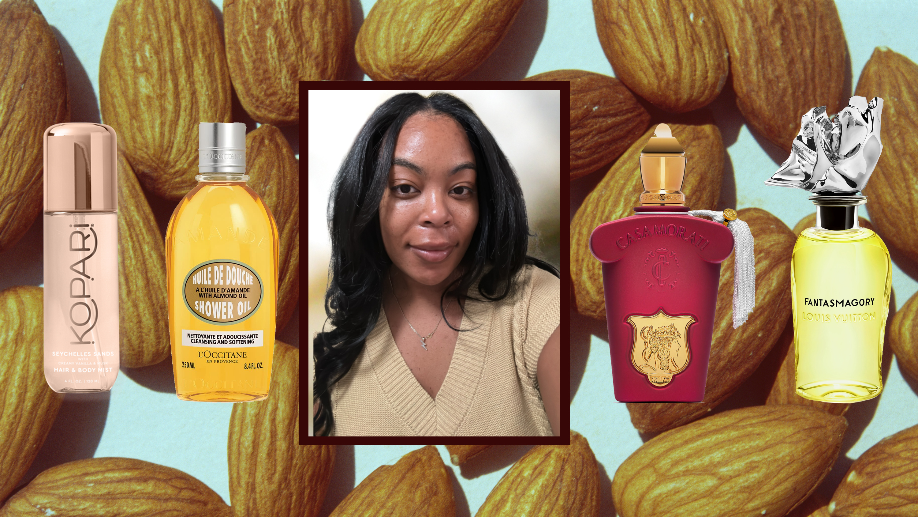 an almond background with a woman in the foreground with glowing skin with four almond perfume bottles