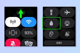 Screenshots showing the steps required to eject water from an Apple Watch