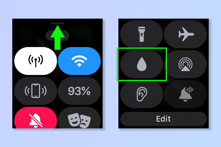 Screenshots showing the steps required to expel water from an Apple Watch