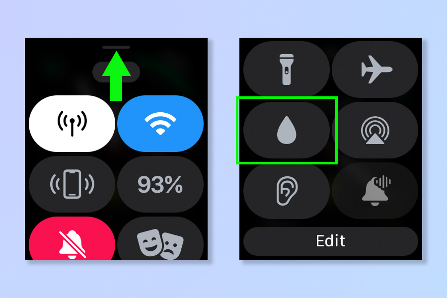 Screenshots showing the steps involved in ejecting water from an Apple Watch