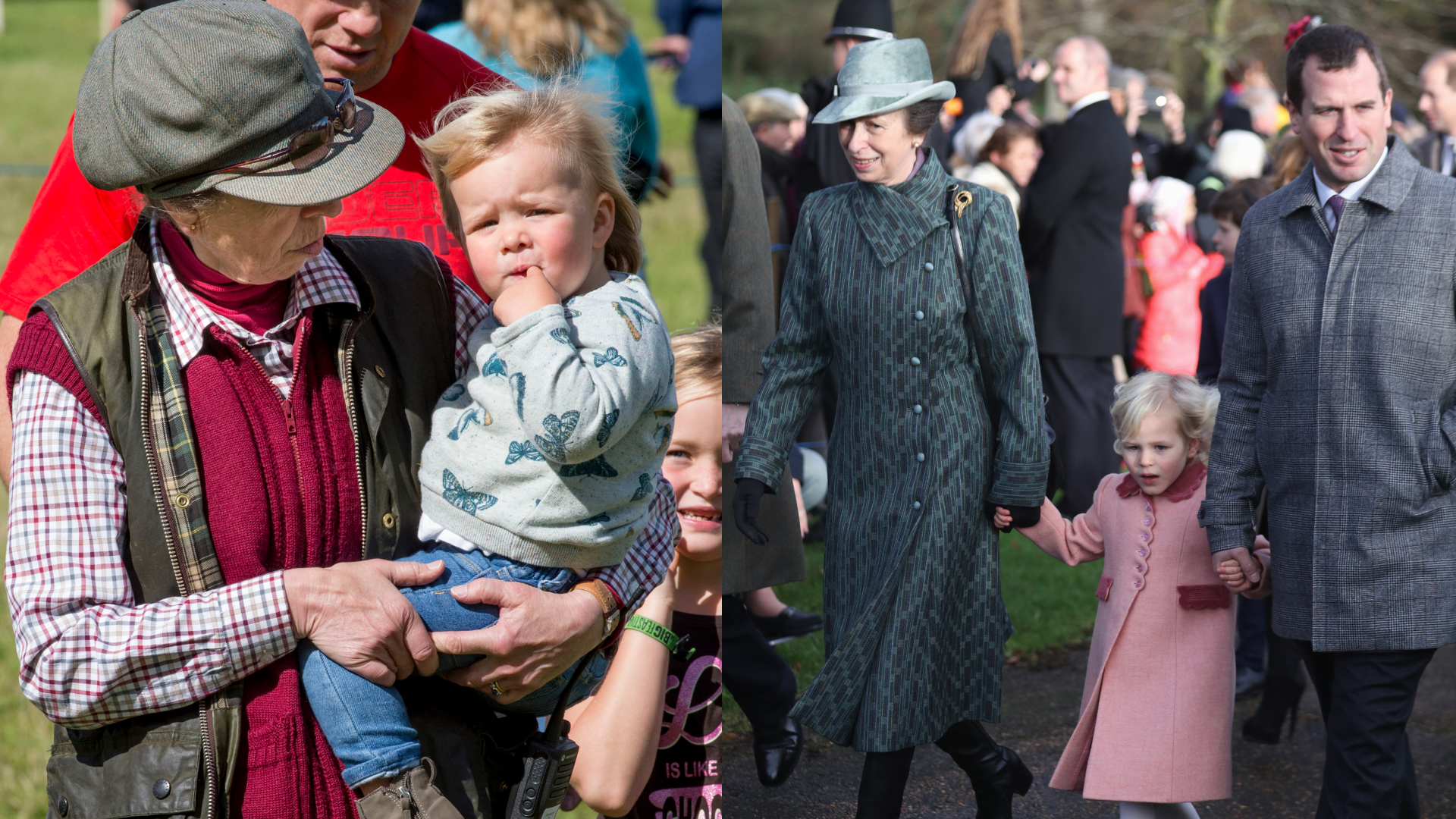 A split image of Princess Anne holding Mia Tindall and Princess Anne holding hands with Isla Phillips on Christmas Day