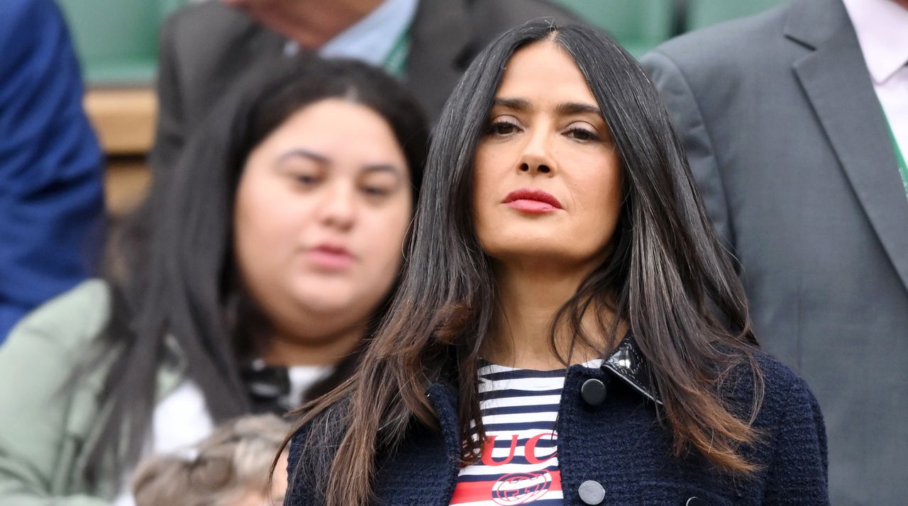 Salma Hayek attends day seven of the Wimbledon Tennis Championships at the All England Lawn Tennis and Croquet Club on July 07, 2024 in London, England.