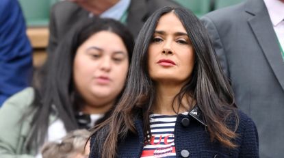 Salma Hayek attends day seven of the Wimbledon Tennis Championships at the All England Lawn Tennis and Croquet Club on July 07, 2024 in London, England.