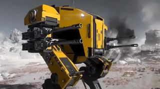 The Emancipator Mech on a Moon-like planet in Helldivers 2