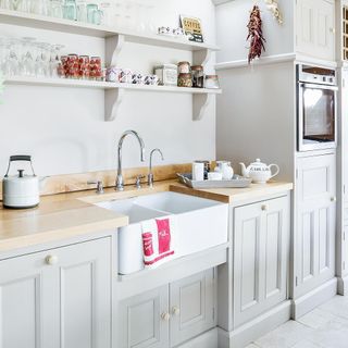 kitchen with white wall and cabinets