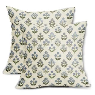 Blue Green Block Print Pillow Covers 18x18 Inch Set of 2