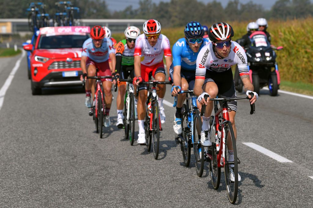Elie Gesbert (Ark&egrave;a-Samsic) leads the break during Gran Piemonte