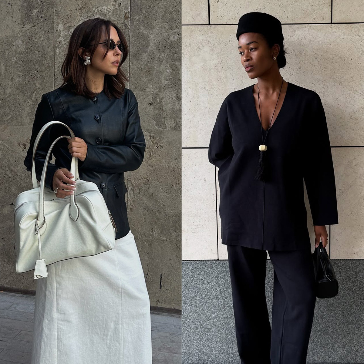a flip-flop outfit for fall, shown in a collage of women's street style photos 