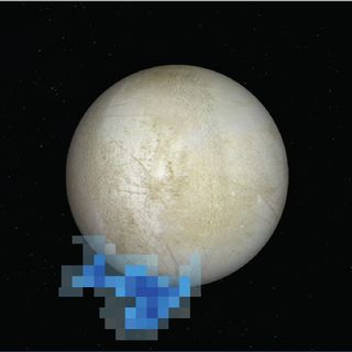 Image showing the location of water-vapor plumes on Jupiter's icy moon Europa as seen by NASA's Hubble Space Telescope in December 2012. Other Hubble search campaigns since then have not seen any signs of the plumes.