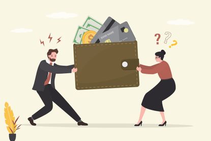 Married couple shares credit cards and cash, family budget.