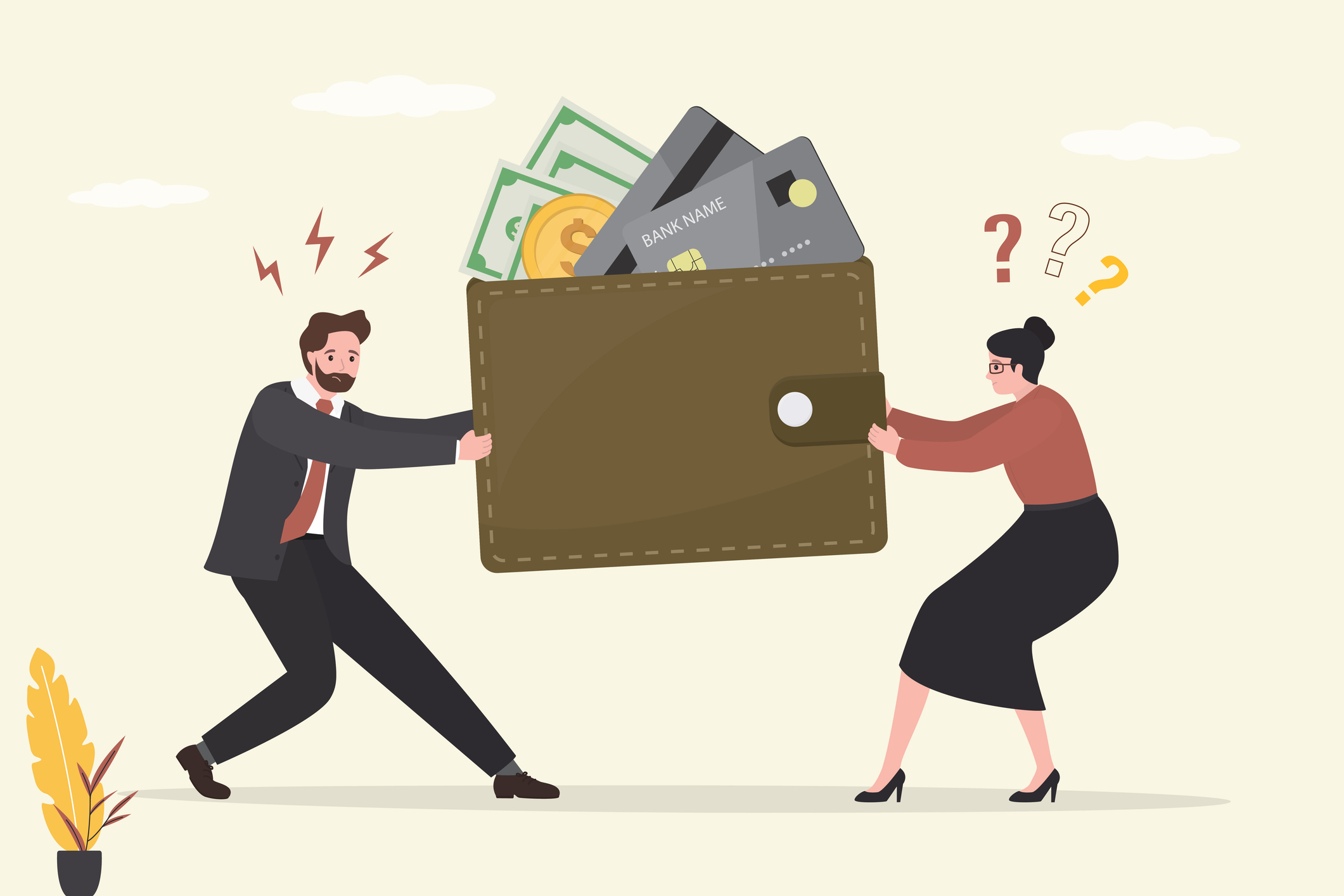 Married couple shares credit cards and cash, family budget.