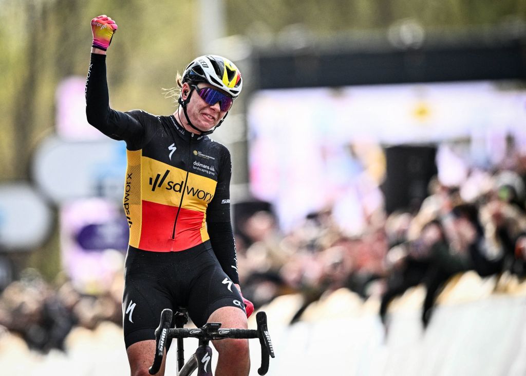 Belgian Lotte Kopecky of SD Worx celebrates after winning the womens race of the Ronde van Vlaanderen Tour des Flandres Tour of Flanders one day cycling event 1586km from and to Oudenaarde Sunday 03 April 2022BELGA PHOTO JASPER JACOBS Photo by JASPER JACOBS BELGA MAG Belga via AFP Photo by JASPER JACOBSBELGA MAGAFP via Getty Images