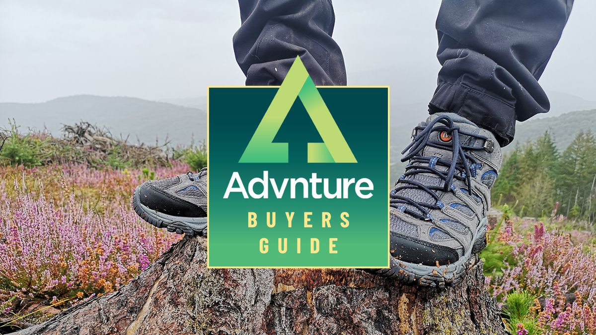 Hiking boots on a heather background with the Advnture logo