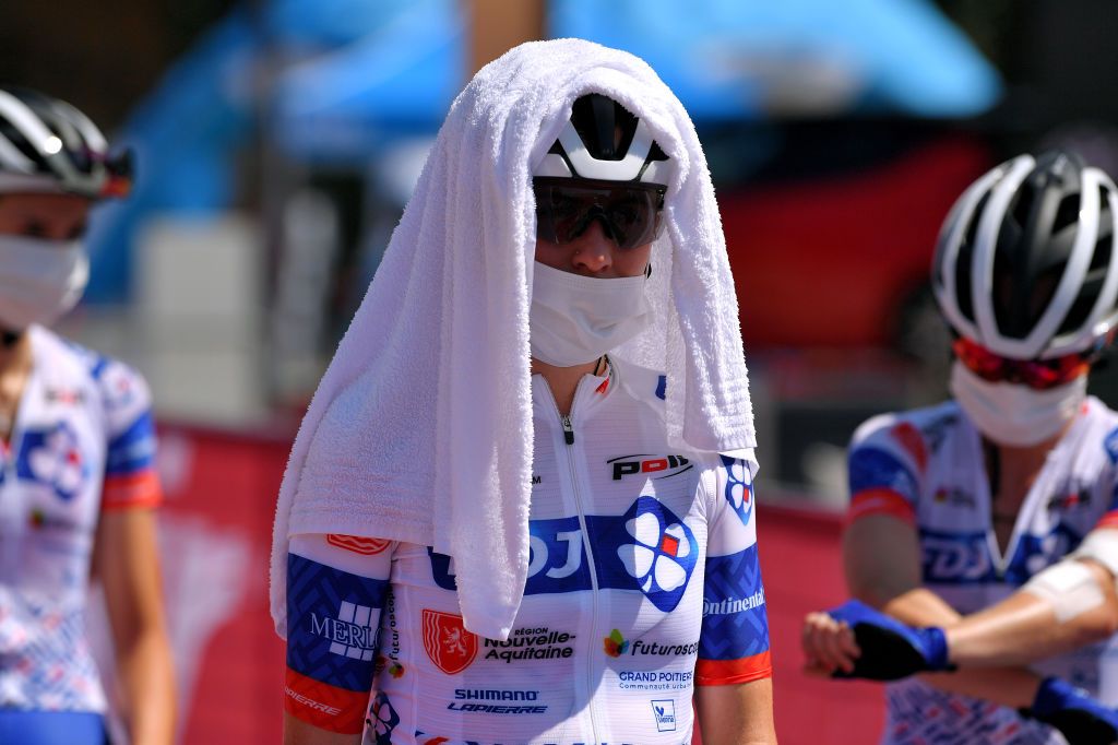 SIENA ITALY AUGUST 01 Start Rider of Team FDJ NouvelleAquitaine Futuroscope Refreshment during the Eroica 6th Strade Bianche 2020 Women Elite a 136km race from Siena to Siena Piazza del Campo StradeBianche on August 01 2020 in Siena Italy Photo by Luc ClaessenGetty Images