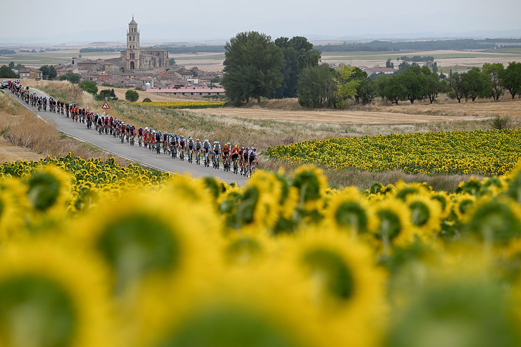 BUNIEL, SPAIN - AUGUST 06: A general view of the peloton competing during the 47th Vuelta a Burgos 2025, Stage 2 a 161.6km stage from Cilleruelo de Abajo to Buniel on August 06, 2025 in Buniel , Spain. (Photo by Antonio Baixauli/Getty Images)