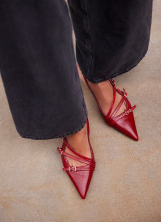 Red Leather Buckle Slingback Heels