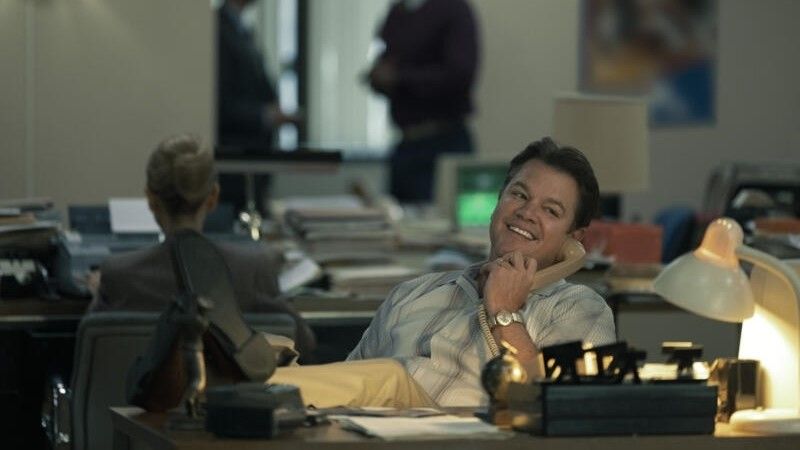 Matt Damon on the phone in an office in AIR