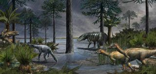 A life-scene from 232 million years ago, during the Carnian Pluvial Episode after which dinosaurs took over. A large rauisuchian lurks in the background, while two species of dinosaurs stand in the foreground, and some rhynchosaurs sit on the logs to the left. Based on data from the Ischigualasto Formation in Argentina.