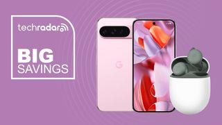 Google Pixel 9 Pro XL and Google Buds Series A on purple background with big savings text overlay