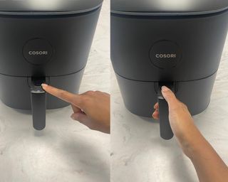 Christina Chrysostomou demonstrating the use of plastic button on Cosori Pro LE air fryer