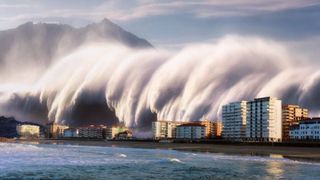 an illustration of a large wave crashing over buildings