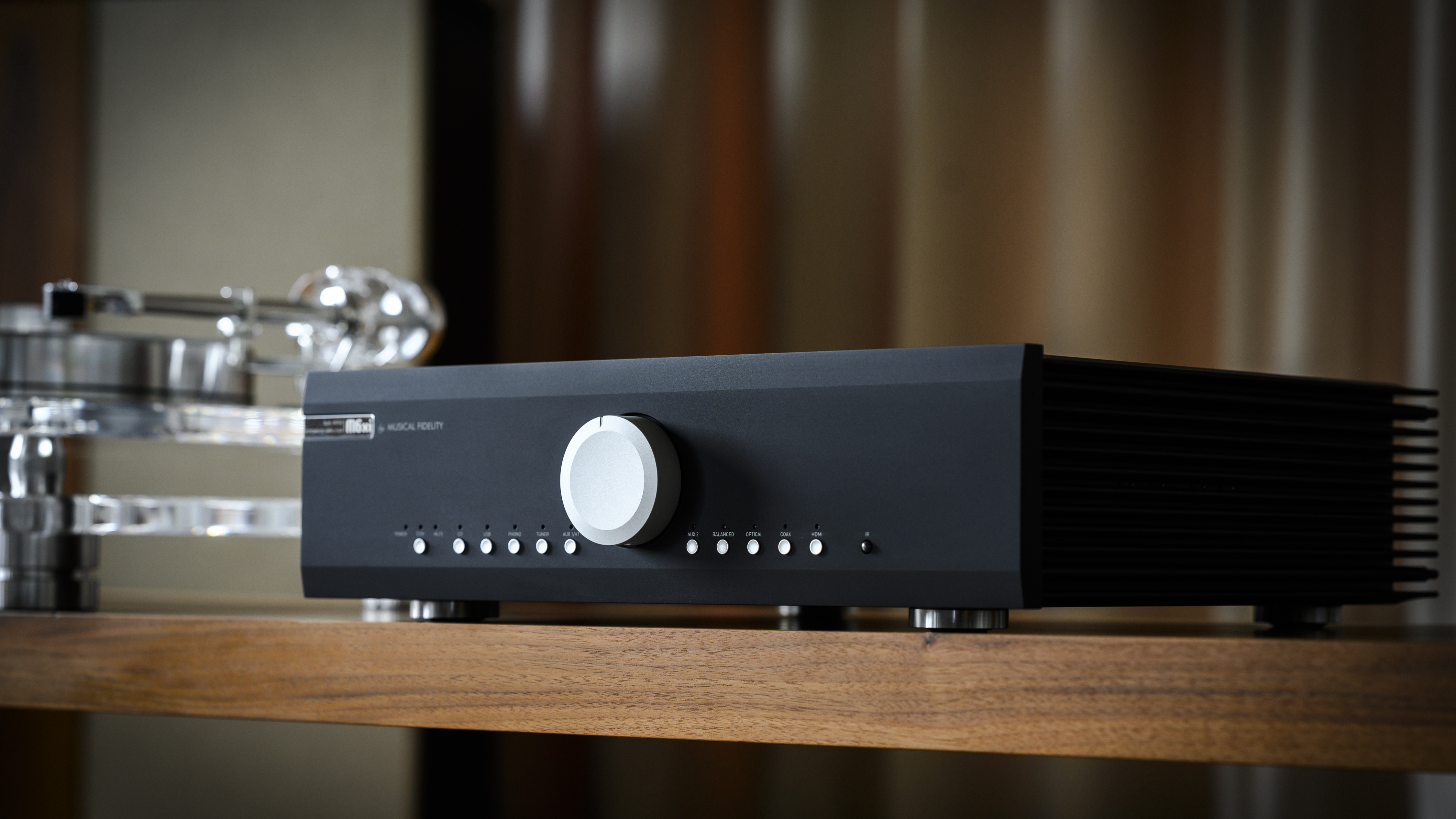 Musical Fidelity M6xi integrated amplifier in black on a rack
