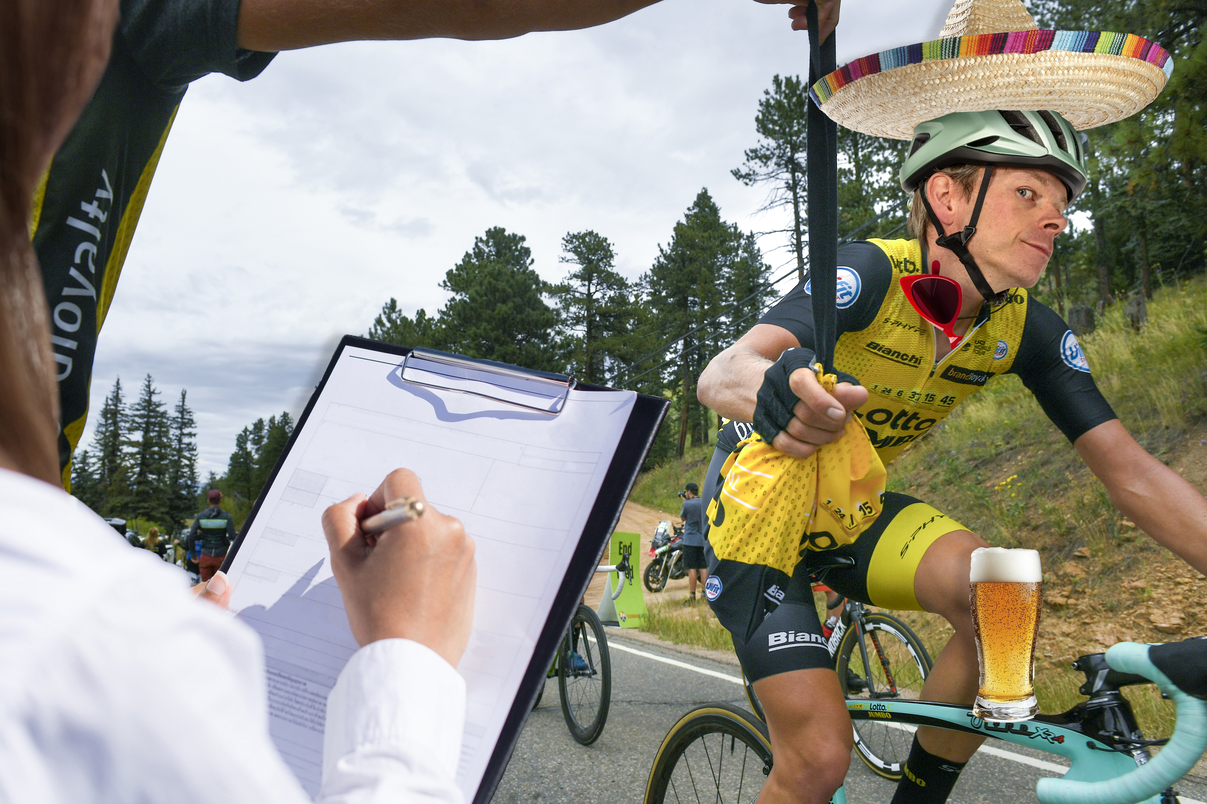 Collage of Dr Hutch&#039;s face over a rider and a woman with a clipboard