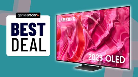 Samsung S90C with teal backdrop and 'Best Deal' logo on left