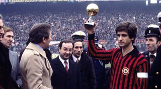 1969 Gianni Rivera of AC Milan celebrates in Milan after winning the golden ball during the Serie A on Stadio Giuseppe Meazza in Milan, Italy. (Photo by Alessandro Sabattini/Getty Images), Italy.