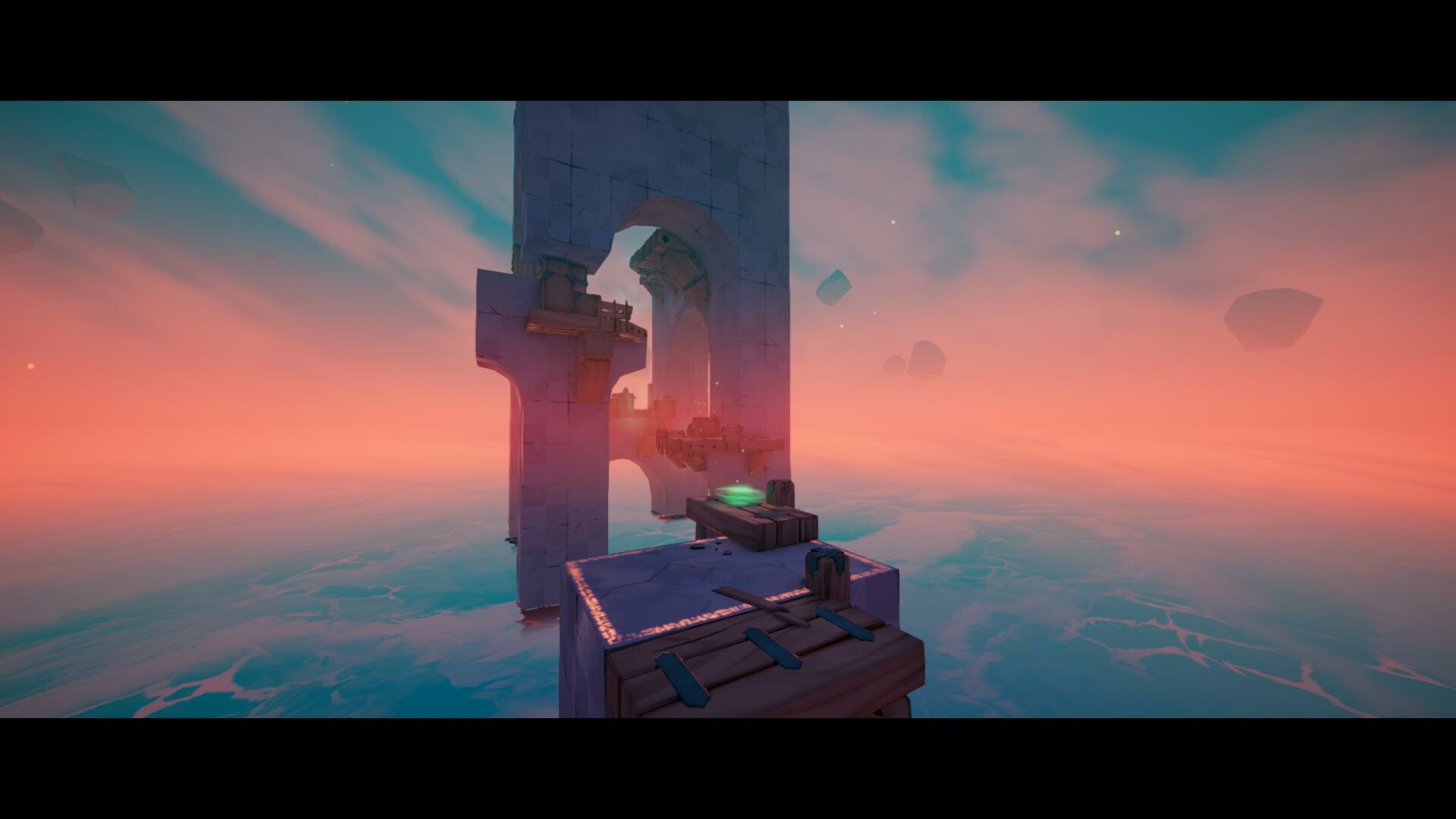 Overview of tower rising up over ocean in Shady Knight